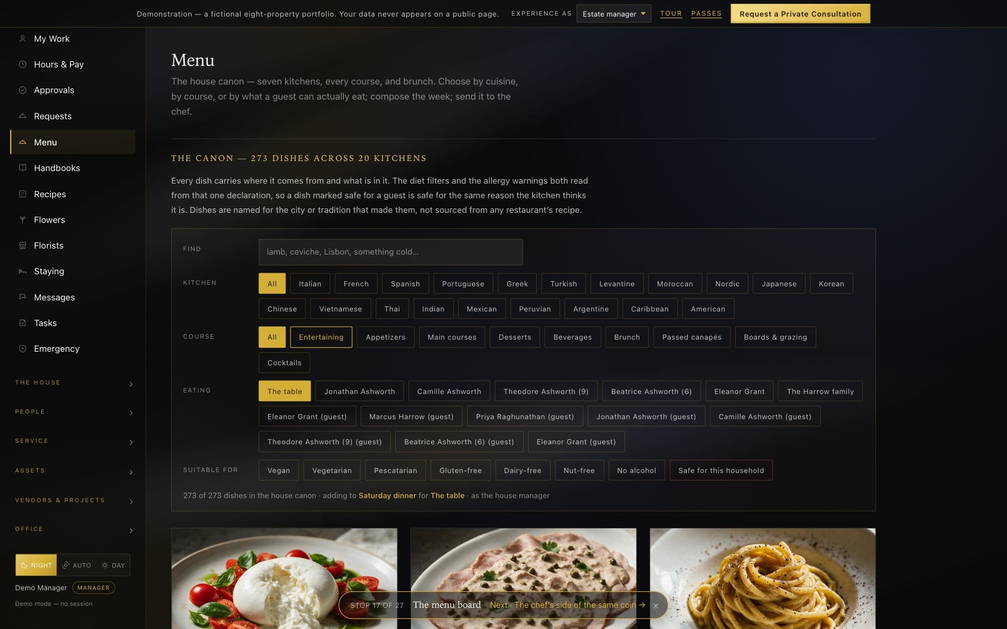 The Dimora Private menu board with its filters for kitchen, course and diet