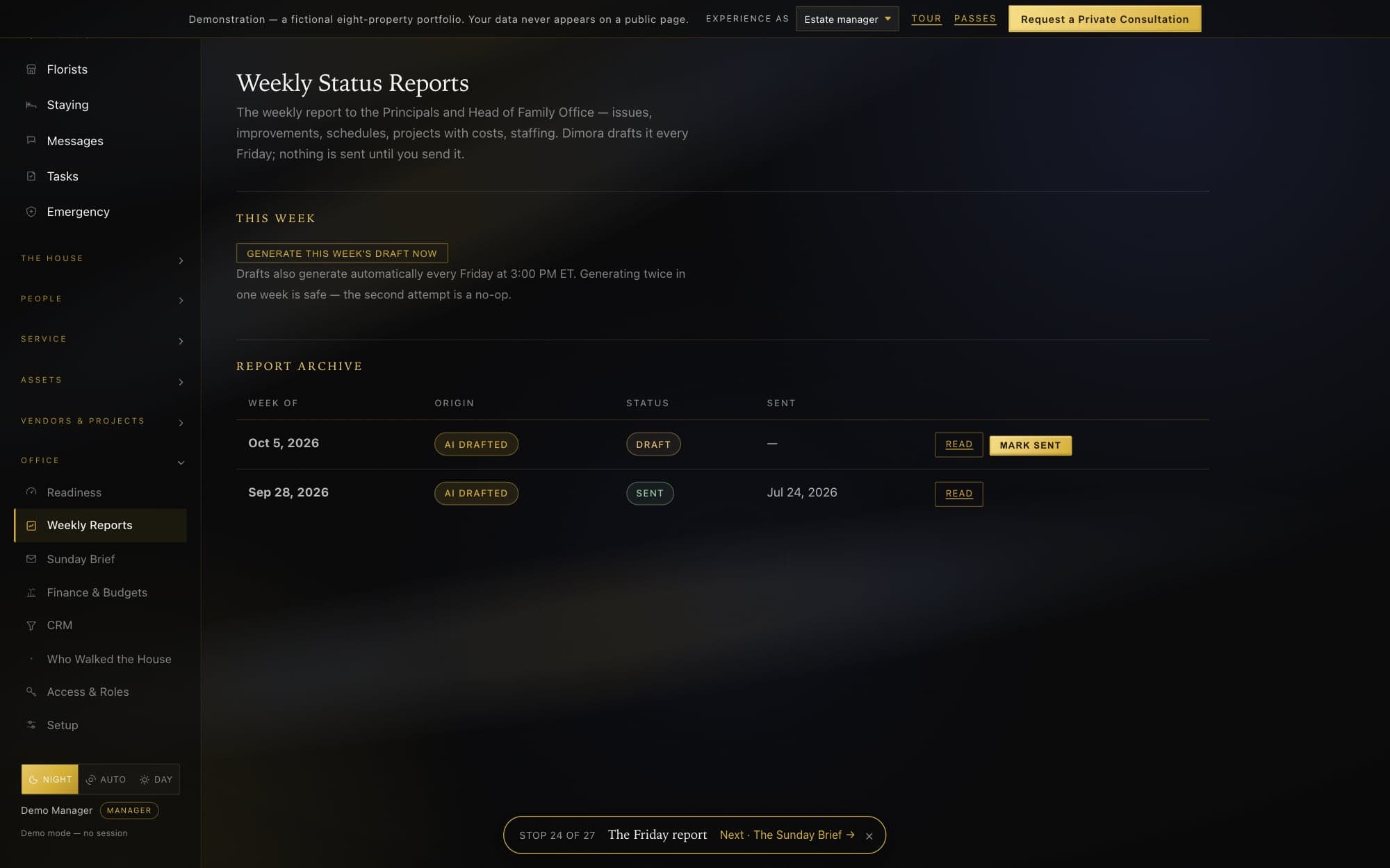 The weekly status report archive in Dimora Private