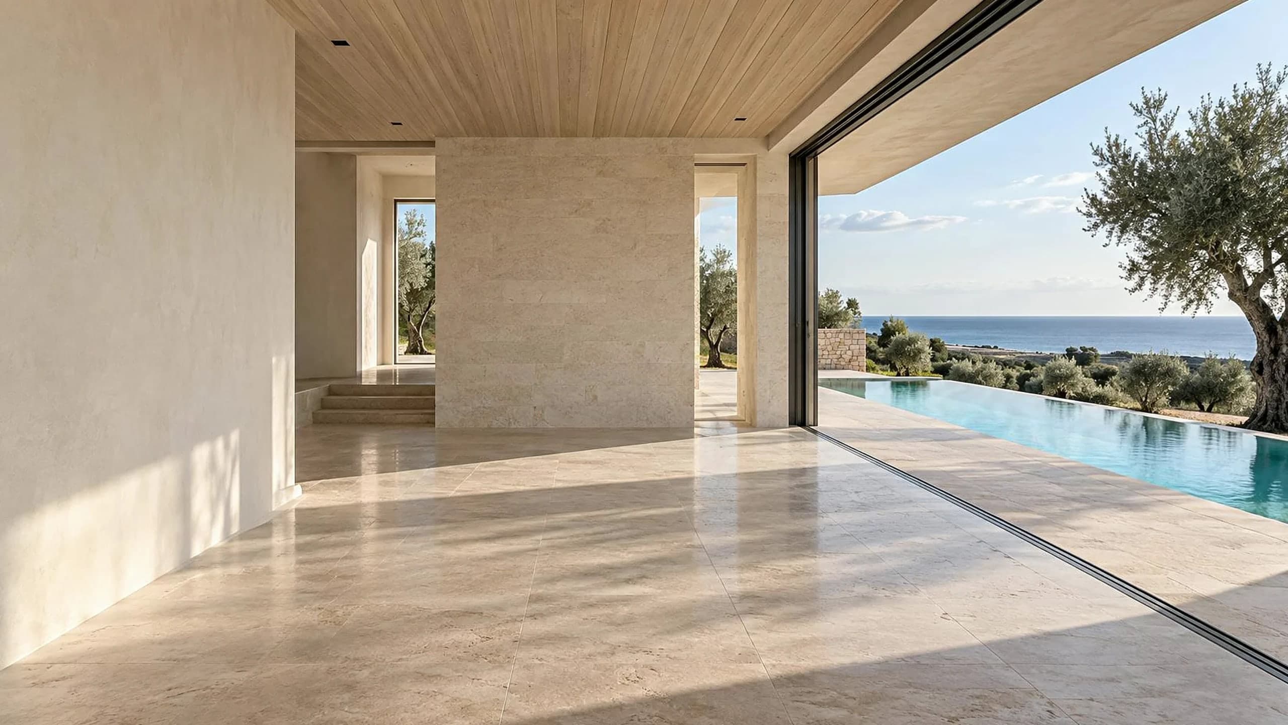 The same Puglian room before furnishing: bare limestone, a pool and the sea