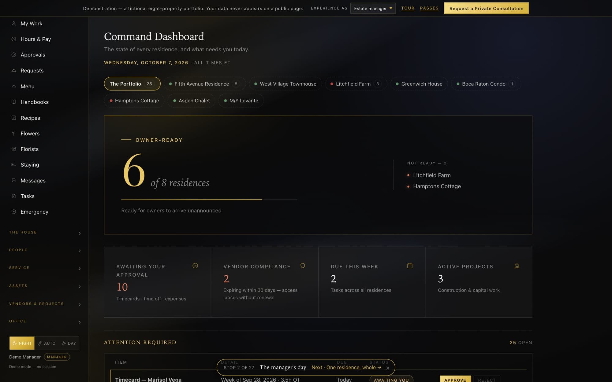 The Dimora Private command dashboard in its public demonstration