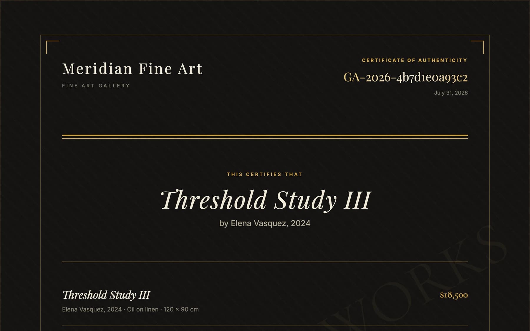 A fictional sample certificate produced by Gilded Art Works