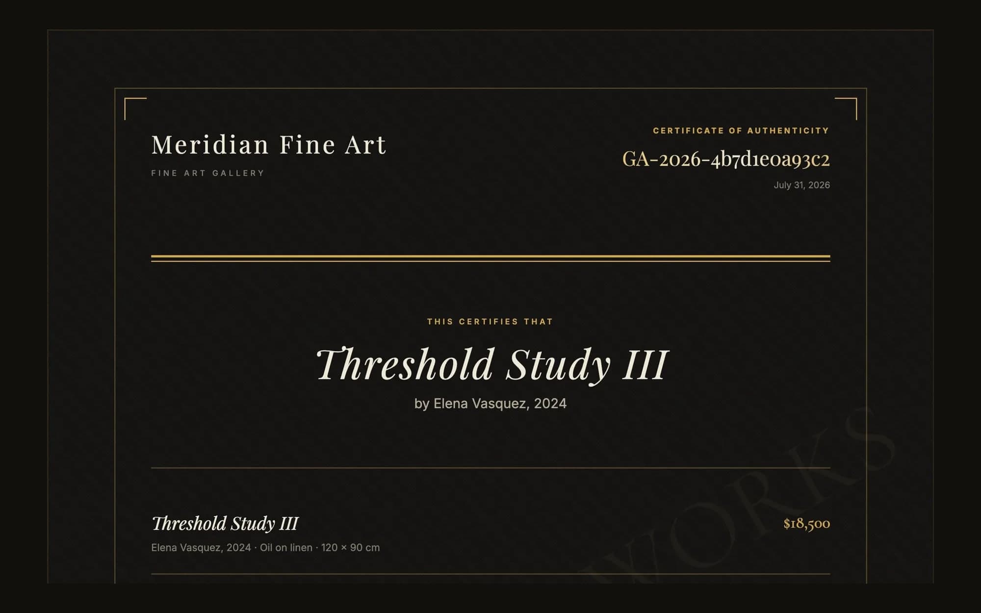 A sample certificate of authenticity for a fictional artwork, generated by Gilded Art Works