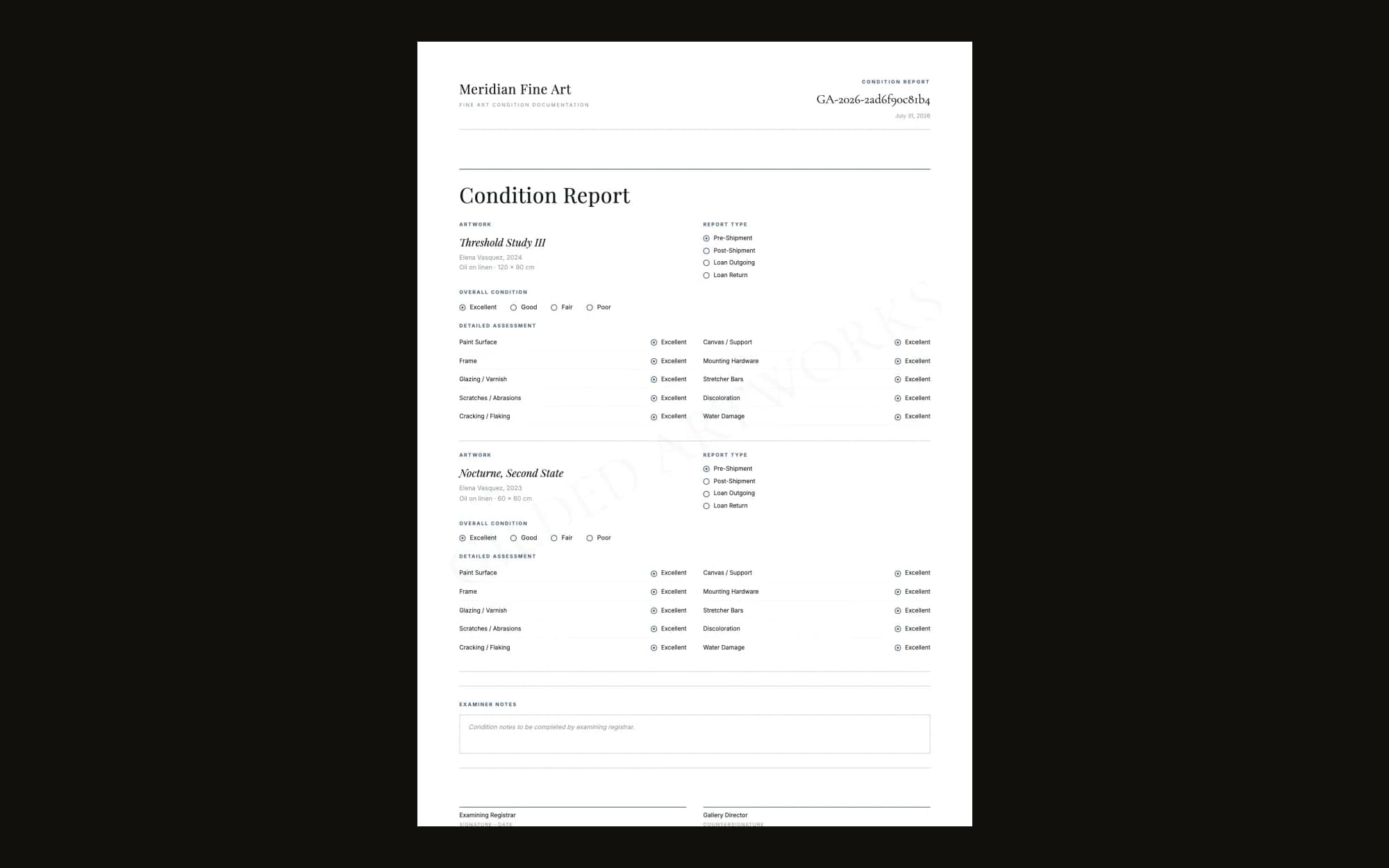 A sample condition report for fictional artworks, generated by Gilded Art Works