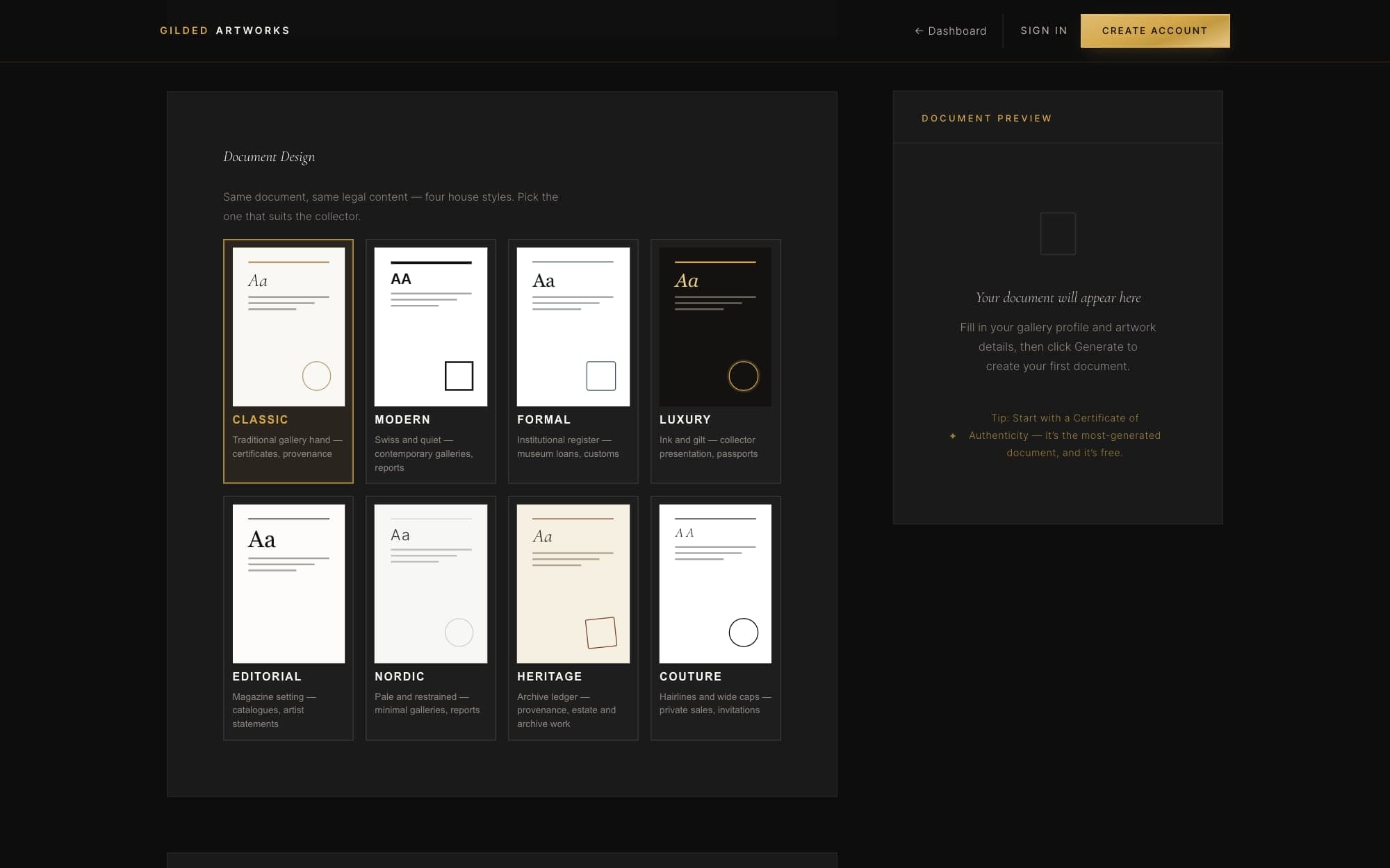 The eight document designs offered by the Gilded Art Works generator