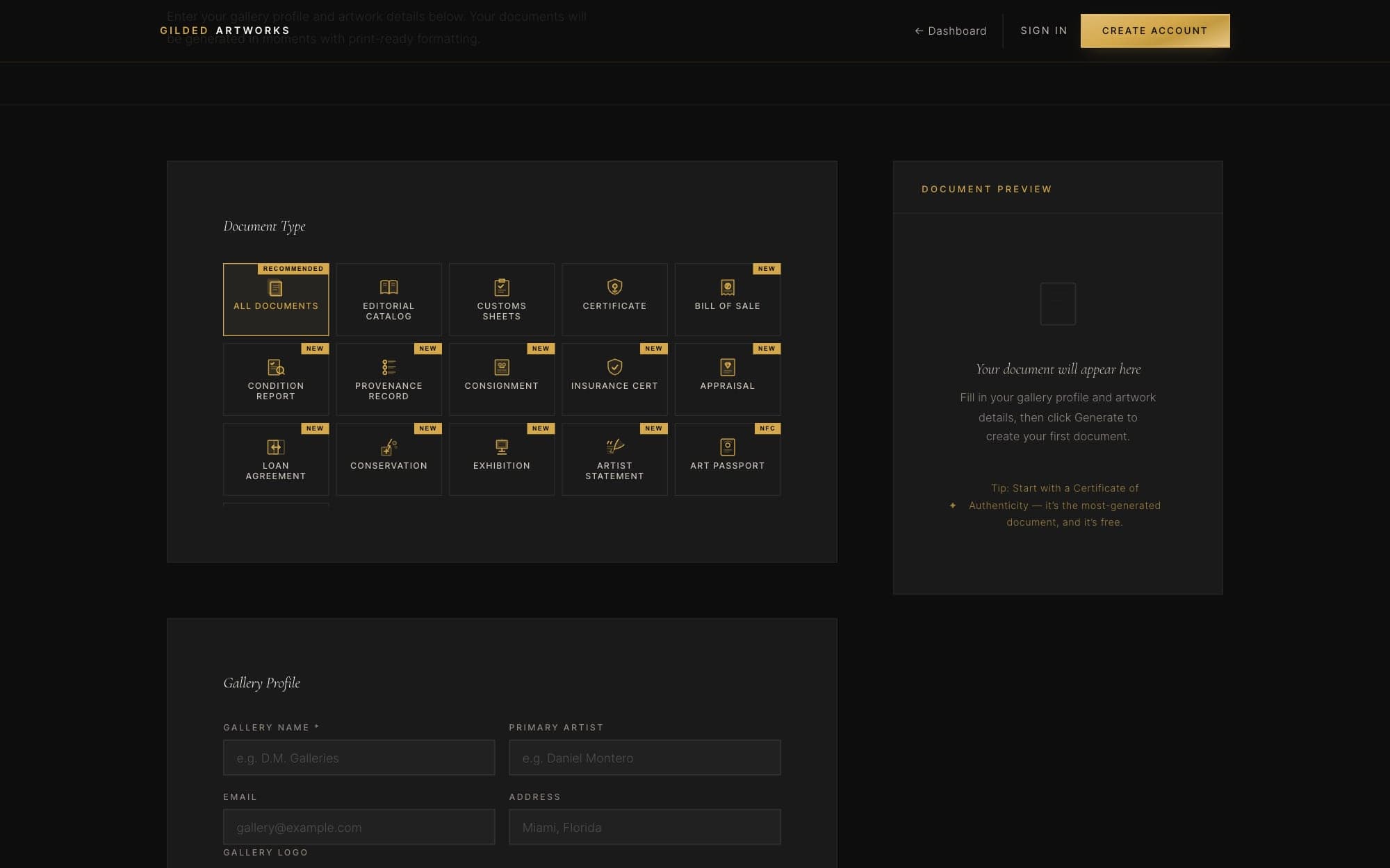 The Gilded Art Works generator, showing its grid of document types